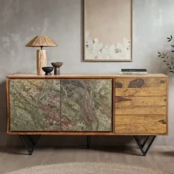 Rootz moderne skænk - Stilfuldt opbevaringsskab - 3D-døre i stenlook - Håndlavet unikt design - 150 cm x 55 cm x 40 cm