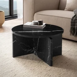 Rootz Moderne sofabord - Round Black Look - Stilfuldt lavt bord - Anti -slip -puder - 60 cm x 60 cm x 33 cm