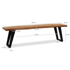 Rootz moderne spisestuebænk - massiv træbænk - trækantdesign - akacietræ - metalben - 160 cm x 40 cm x 45,5 cm