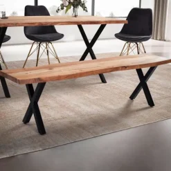Rootz moderne spisestuebænk - sæde i massivt træ - design af trækant - metal x ben - håndlavet - 160 cm x 40 cm x 45,5 cm - gyldenbrun
