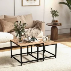 Rootz Nesting Bord - Sæt med 2 sideborde - Industrielt design - Sort stålstel - Bordplade i trælook - Spånplade - Naturligt træ - 60cm x 60cm x 45cm | Fyndiq