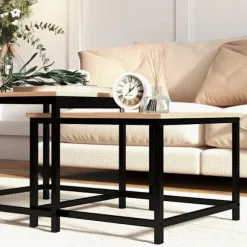 Rootz Nesting Bord - Sæt med 2 sideborde - Industrielt design - Sort stålstel - Bordplade i trælook - Spånplade - Naturligt træ - 60cm x 60cm x 45cm | Fyndiq