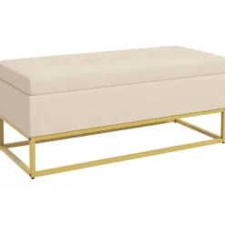 Rootz Opbevaringsbænk - Dekorative knapsyning - Flanelllook - Guldstålben - Beige - 110 x 47 x 46,5 cm