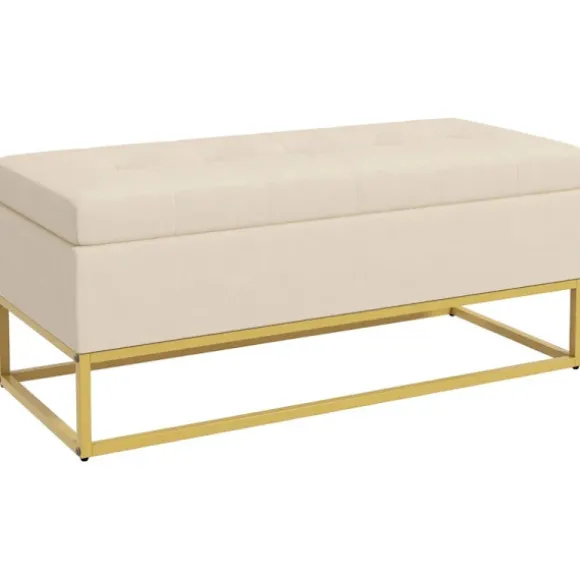 Rootz Opbevaringsbænk - Dekorative knapsyning - Flanelllook - Guldstålben - Beige - 110 x 47 x 46,5 cm