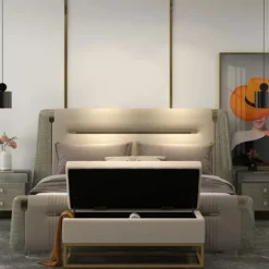 Rootz Opbevaringsbænk - Dekorative knapsyning - Flanelllook - Guldstålben - Beige - 110 x 47 x 46,5 cm
