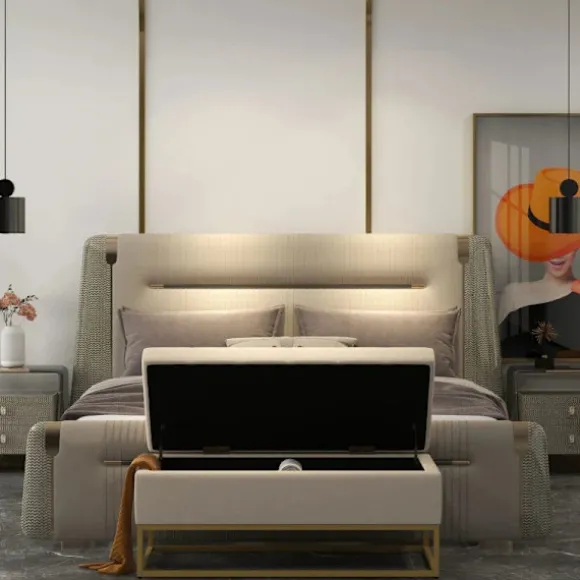 Rootz Opbevaringsbænk - Dekorative knapsyning - Flanelllook - Guldstålben - Beige - 110 x 47 x 46,5 cm