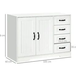 Rootz Opbevaringsskab - Skænk Kommode - Moderne Stil - 4 skuffer - 1 skab - Spånplade - Hvid - 105 Cm X 40 Cm X 76 Cm