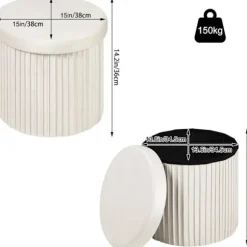 Rootz Opbevaringsskammel - Osmannisk - Fodskammel - Blød og Robust - 38 cm x 36 cm - Cremefarvet/Lysegrå - 30 L Kapacitet - E1 MDF-ramme - Fløjlsbetræ | Fyndiq