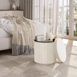 Rootz Opbevaringsskammel - Osmannisk - Fodskammel - Blød og Robust - 38 cm x 36 cm - Cremefarvet/Lysegrå - 30 L Kapacitet - E1 MDF-ramme - Fløjlsbetræ | Fyndiq