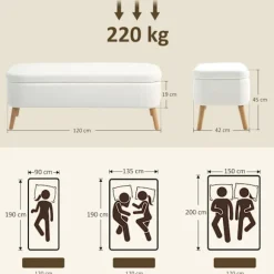 Rootz Opbevaringsskammel - Sædeskammel - Fodskammel - 65 L Opbevaring - Fleecestof - 120 cm x 42 cm x 45 cm - Hvid