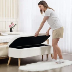 Rootz Opbevaringsskammel - Sædeskammel - Fodskammel - 65 L Opbevaring - Fleecestof - 120 cm x 42 cm x 45 cm - Hvid