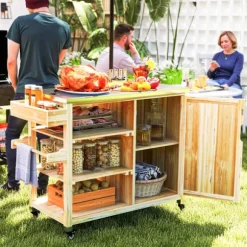 Rootz Outdoor Kitchen Island - Grilling Car - Wooden Kitchen Carts - Rustfrit stål - Forbedret mobilitet - 134,5L x 50b x 91,5 timer cm