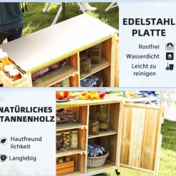 Rootz Outdoor Kitchen Island - Grilling Car - Wooden Kitchen Carts - Rustfrit stål - Forbedret mobilitet - 134,5L x 50b x 91,5 timer cm