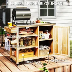 Rootz Outdoor Kitchen Island - Grilling Car - Wooden Kitchen Carts - Rustfrit stål - Forbedret mobilitet - 134,5L x 50b x 91,5 timer cm