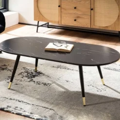 Rootz Ovalt sofabord - Moderne stuebord - Marmorlook-bord - Sikre metalben - 120 cm x 60 cm x 41,5 cm - Elegant sort- og gulddesign