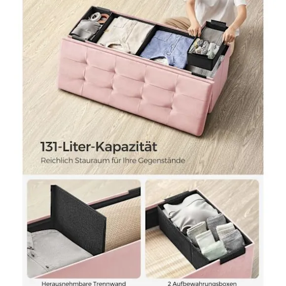 Rootz Pastel Pink sædekiste - Opbevaring Ottoman - Polstret bænk - MDF fløjlskum - 131L Kapacitet - 38cm x 110cm x 38cm
