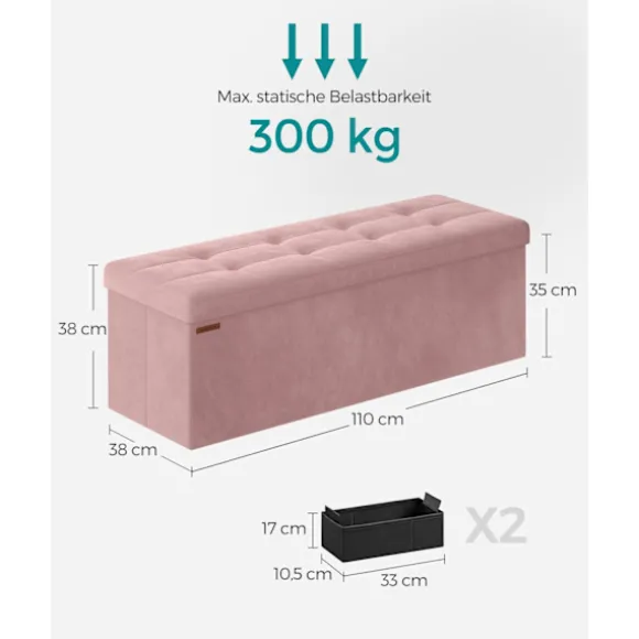 Rootz Pastel Pink sædekiste - Opbevaring Ottoman - Polstret bænk - MDF fløjlskum - 131L Kapacitet - 38cm x 110cm x 38cm