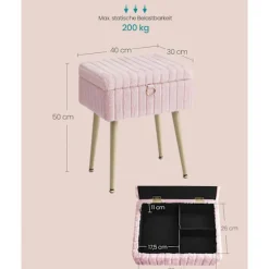 Rootz polstret toiletbordsstol - Vanity skammel - Makeup sæde - Opbevaringsplads - 30 cm x 40 cm x 40 cm x 50 cm - Pink