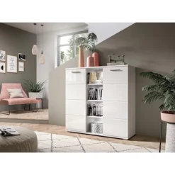 Rootz Prego Chest of skuffer - White Dresser - Wood Storage Unit - 2 -Door Cabinet - Moderne design - 110 cm x 108 cm x 37 cm