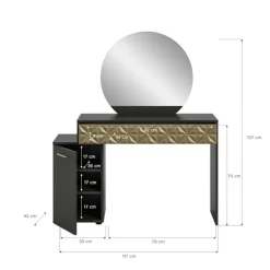 Rootz Prisma X76A9T67 Dressing Table - Desk - Kosmetisk bord - Black Melamine - Guldbeklædning - 117 cm x 138 cm x 42 cm
