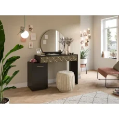 Rootz Prisma X76A9T67 Dressing Table - Desk - Kosmetisk bord - Black Melamine - Guldbeklædning - 117 cm x 138 cm x 42 cm