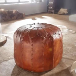 Rootz puf - Læderpuf - Ægte læder - Taburet - Polstret puf - Rund puf - 52 x 40 x 52 cm - Brun