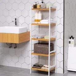 Rootz reol - Opbevaringsstativ - Køkkenskab - Bambus - Hvid - Beige - 5 niveauer - 45 x 31,5 x 142 cm