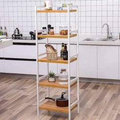 Rootz reol - Opbevaringsstativ - Køkkenskab - Bambus - Hvid - Beige - 5 niveauer - 45 x 31,5 x 142 cm