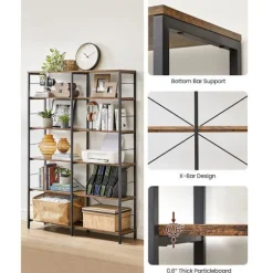 Rootz Reol - Reol med 6 niveauer - Bogreol - Træreol - Moderne reol - Vægmonteret reol - Spånplade - Stål - 30 x 120 x 172,5 cm (D x B x H)