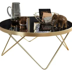 Rootz Retro sofabord - Filigran bordben - Stilfuldt centerbord - V-formede ben - Moderne farveskema - Gyldent stel - Plade af hærdet glas - 39 cm x 82 | Fyndiq