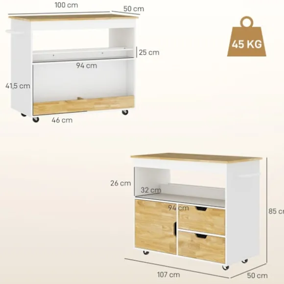 Rootz Rollable Kitchen Trolley - Mobile Kitchen Island - Kitchen Cart - Ample Storage & Easy Mobility - 107 cm x 50 cm x 85 cm