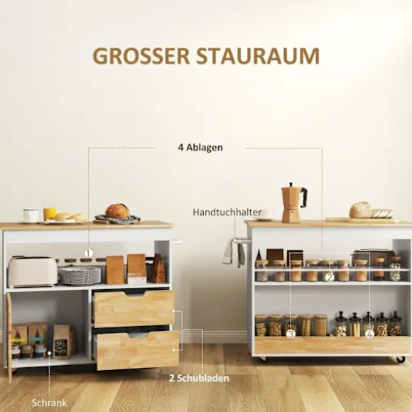 Rootz Rollable Kitchen Trolley - Mobile Kitchen Island - Kitchen Cart - Ample Storage & Easy Mobility - 107 cm x 50 cm x 85 cm