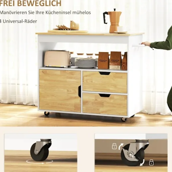 Rootz Rollable Kitchen Trolley - Mobile Kitchen Island - Kitchen Cart - Ample Storage & Easy Mobility - 107 cm x 50 cm x 85 cm