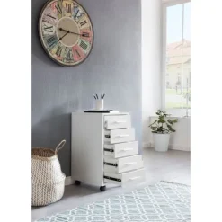Rootz rullebeholder hvid 33 x 63 x 38 cm træskuffeskabsbord - Kontorskab med 5 skuffer - Beholderrulleskab lille Stand Beholder smal - Skrivebordsbeho | Fyndiq