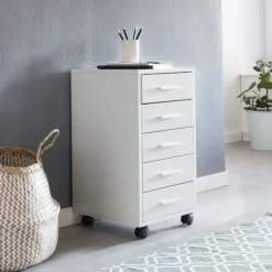 Rootz rullebeholder hvid 33 x 63 x 38 cm træskuffeskabsbord - Kontorskab med 5 skuffer - Beholderrulleskab lille Stand Beholder smal - Skrivebordsbeho | Fyndiq
