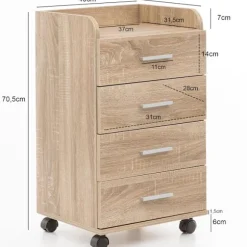 Rootz rullecontainer 40x70,5x33cm Sonoma - Skrivebordscontainer Rulleskab 4 skuffer - Moderne skuffecontainer med hjul - Standcontainer Kontorcontaine | Fyndiq