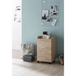 Rootz rullecontainer 40x70,5x33cm Sonoma - Skrivebordscontainer Rulleskab 4 skuffer - Moderne skuffecontainer med hjul - Standcontainer Kontorcontaine | Fyndiq
