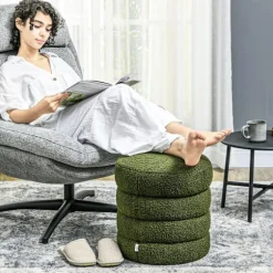 Rootz Rund Taburet - Osmannisk - Fodstøtte - Støtter op til 120 kg - Ø40x45H cm - Grøn teddyfleece