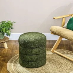 Rootz Rund Taburet - Osmannisk - Fodstøtte - Støtter op til 120 kg - Ø40x45H cm - Grøn teddyfleece