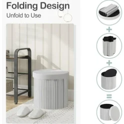 Rootz Rund Velvet Opbevaringsskammel - Puf Ottoman - Cremefarvet/Grå - Skjult opbevaring - Blød polstring - 38 cm x 36 cm - Elegant flæsedesign
