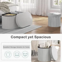Rootz Rund Velvet Opbevaringsskammel - Puf Ottoman - Cremefarvet/Grå - Skjult opbevaring - Blød polstring - 38 cm x 36 cm - Elegant flæsedesign