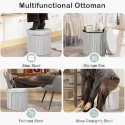 Rootz Rund Velvet Opbevaringsskammel - Puf Ottoman - Cremefarvet/Grå - Skjult opbevaring - Blød polstring - 38 cm x 36 cm - Elegant flæsedesign
