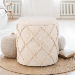Rootz runde opbevaringskamler - Moderne Boho Ottomans - Dekorative siddepladser - Komfortpolstring - 45 cm x 40 cm x 45 cm