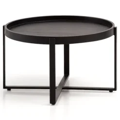 Rootz rundt sofabord - Industrielt design - Håndlavet - Unikt - Naturligt trækorn - 60 cm x 60 cm x 35 cm - Sort - Mango massivt træ - Pulverlakeret j | Fyndiq