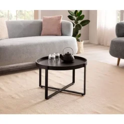 Rootz rundt sofabord - Industrielt design - Håndlavet - Unikt - Naturligt trækorn - 60 cm x 60 cm x 35 cm - Sort - Mango massivt træ - Pulverlakeret j | Fyndiq