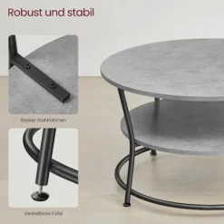 Rootz rundt sofabord - Industrielt rundt bord - Grå-sort farve - Spånplade og stål - 80 cm D x 46,5 cm H - 10,6 kg - 50 kg Kapacitet