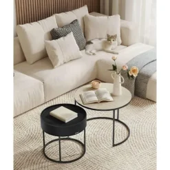 Rootz Rundt Sofabord Sæt med 2 Naturlig Beige-Ink Sort - Sidebord - Stuemøbler - MDF - 60cm x 60cm x 45cm