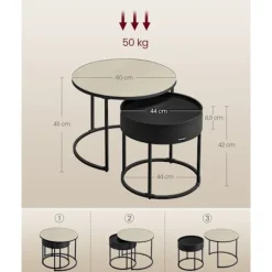 Rootz Rundt Sofabord Sæt med 2 Naturlig Beige-Ink Sort - Sidebord - Stuemøbler - MDF - 60cm x 60cm x 45cm