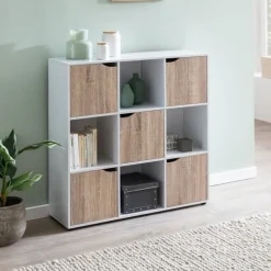 Rootz SAMO 89 x 91 x 29 cm Reol med 9 rum Sonoma - Standhylde med 5 låger - Moderne terninghylde rumdeler - Halskab åbent - Cuberegal kommode opholdsh | Fyndiq