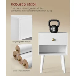 Rootz sengebordesæt - Snehvide farve - Spånplade MDF massivt træ - Natbordssæt - 28cm x 39cm x 55cm - 10,8kg Vægt - 59kg Kapacitet